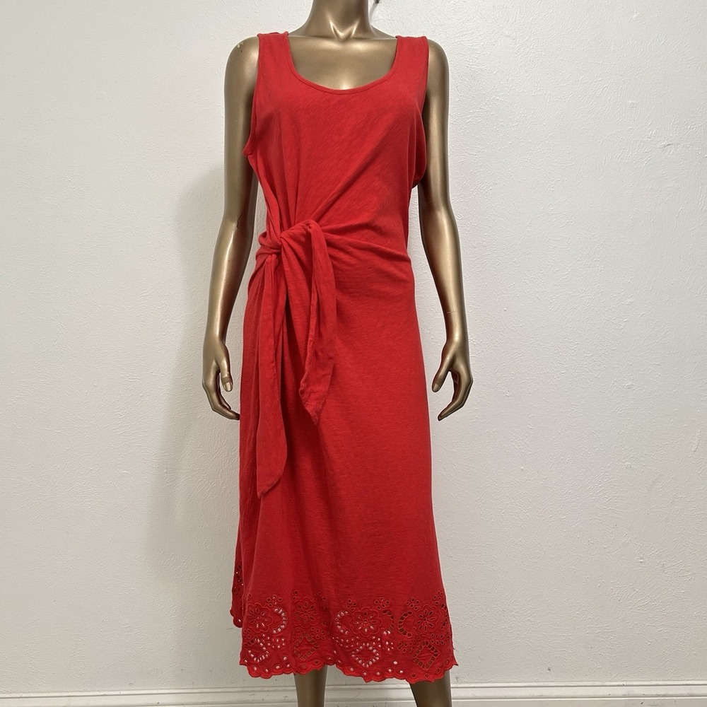 Talbots Nantucket Red Slub Sleeveless Side Tie Midi Knit dress Eyelet Hem Size L